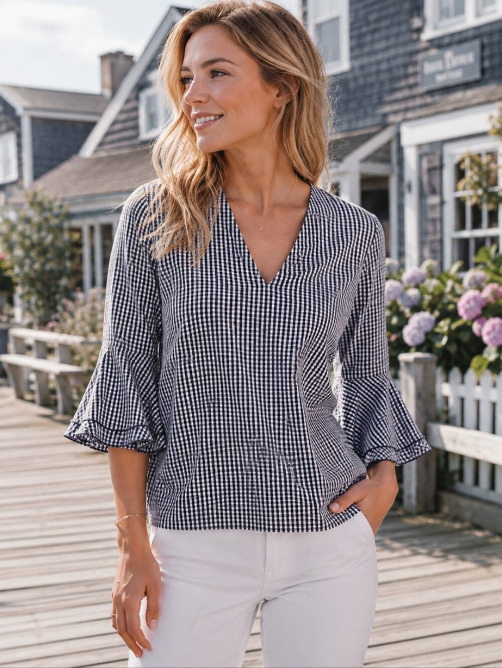 Whbm gingham checkered black white top